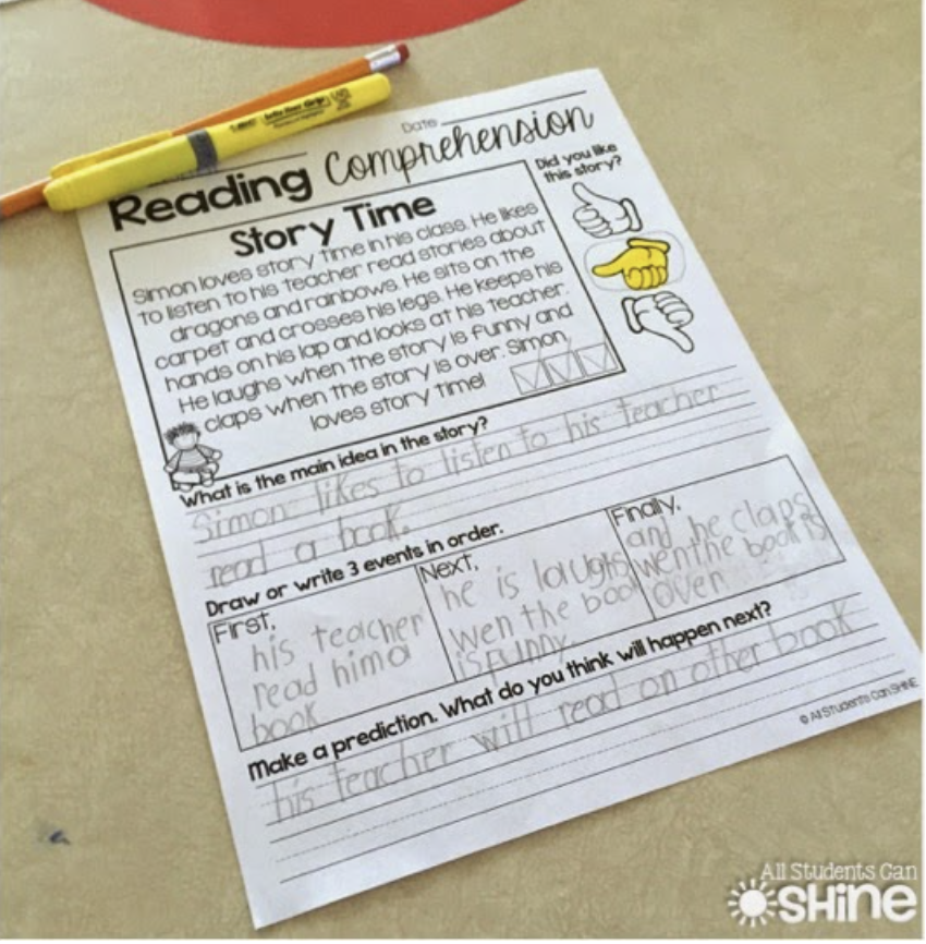 a reading comprehension sheet with a passage, drawing box and questions to practice fluency and comprehension in K-1